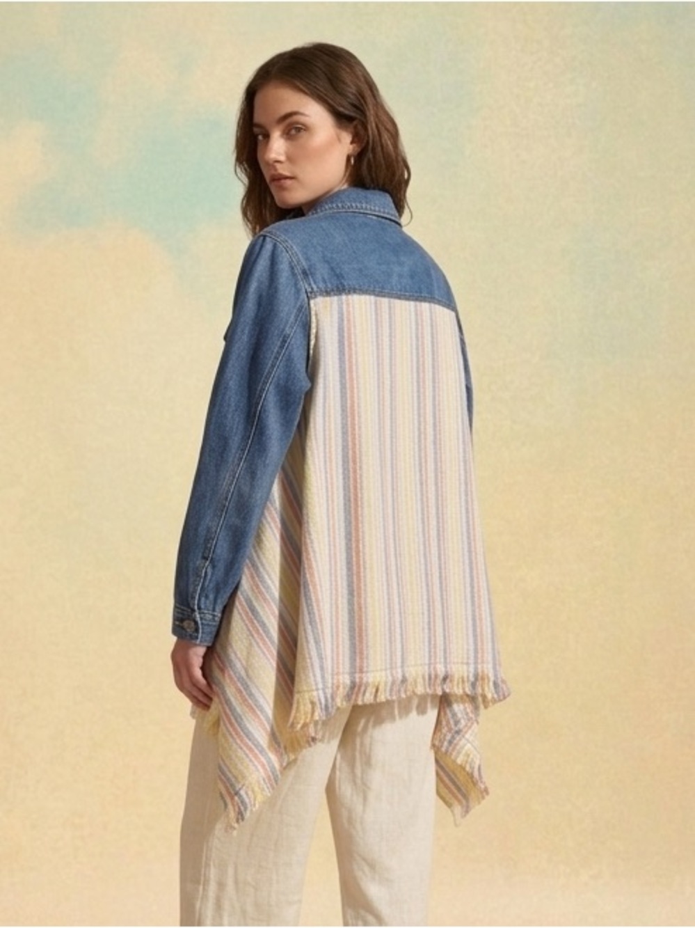 🌞 J.NNA Boho Denim Fringe Jacket Mixed Media Striped Duster Shacket ✨